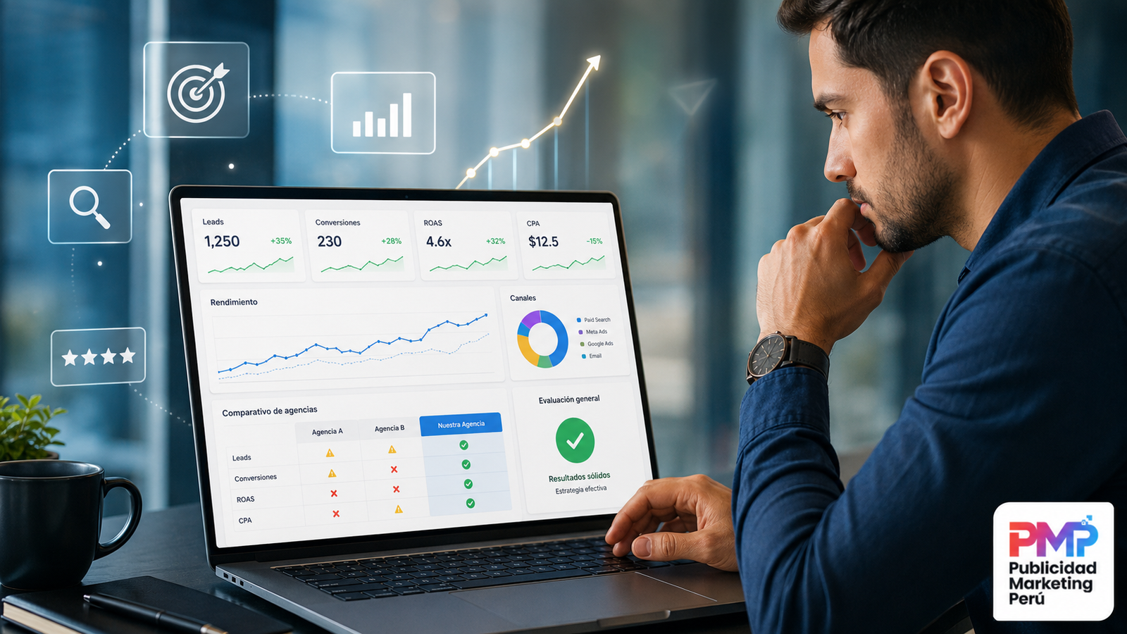 Agencia de marketing evaluando resultados de campañas digitales con métricas de rendimiento